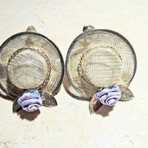 Vintage mesh wired silver metal sun summer hat purple flower cottagecore earrin
